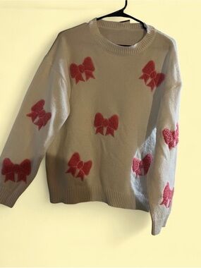 White Pink Bow Knit Sweater Coquette Aesthetic
